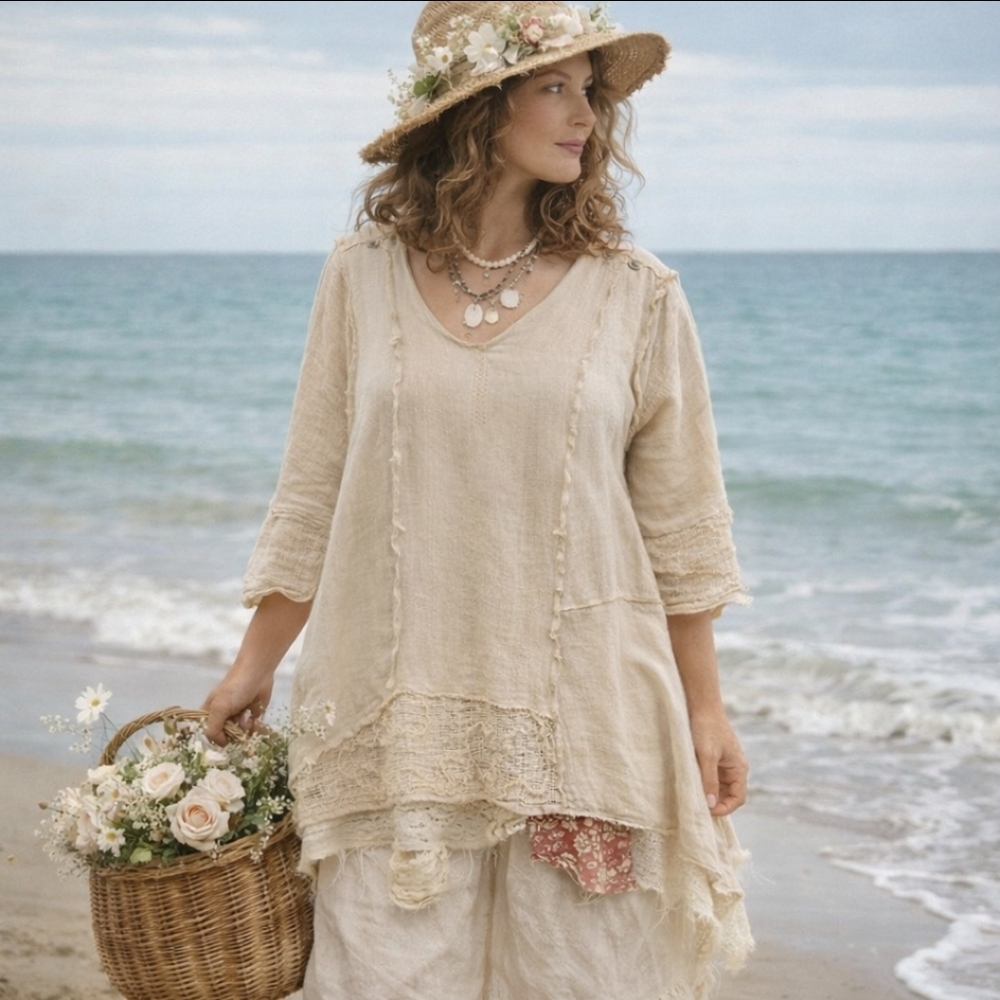 Multiples Linen Tan 3/4 Sleeve  Boxy Tunic With Decorative Panels Small
